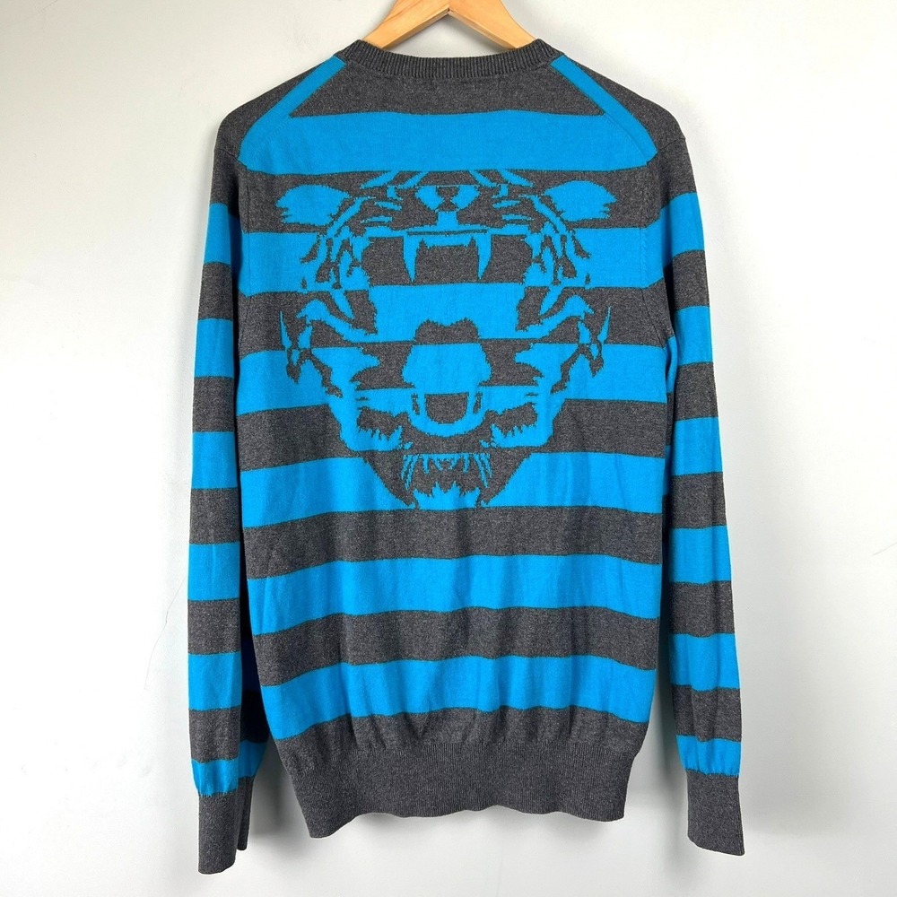 Sean John Men Cardigan L Striped Tiger Graphic Back V-Neck Preppy Y2k Urban Bold